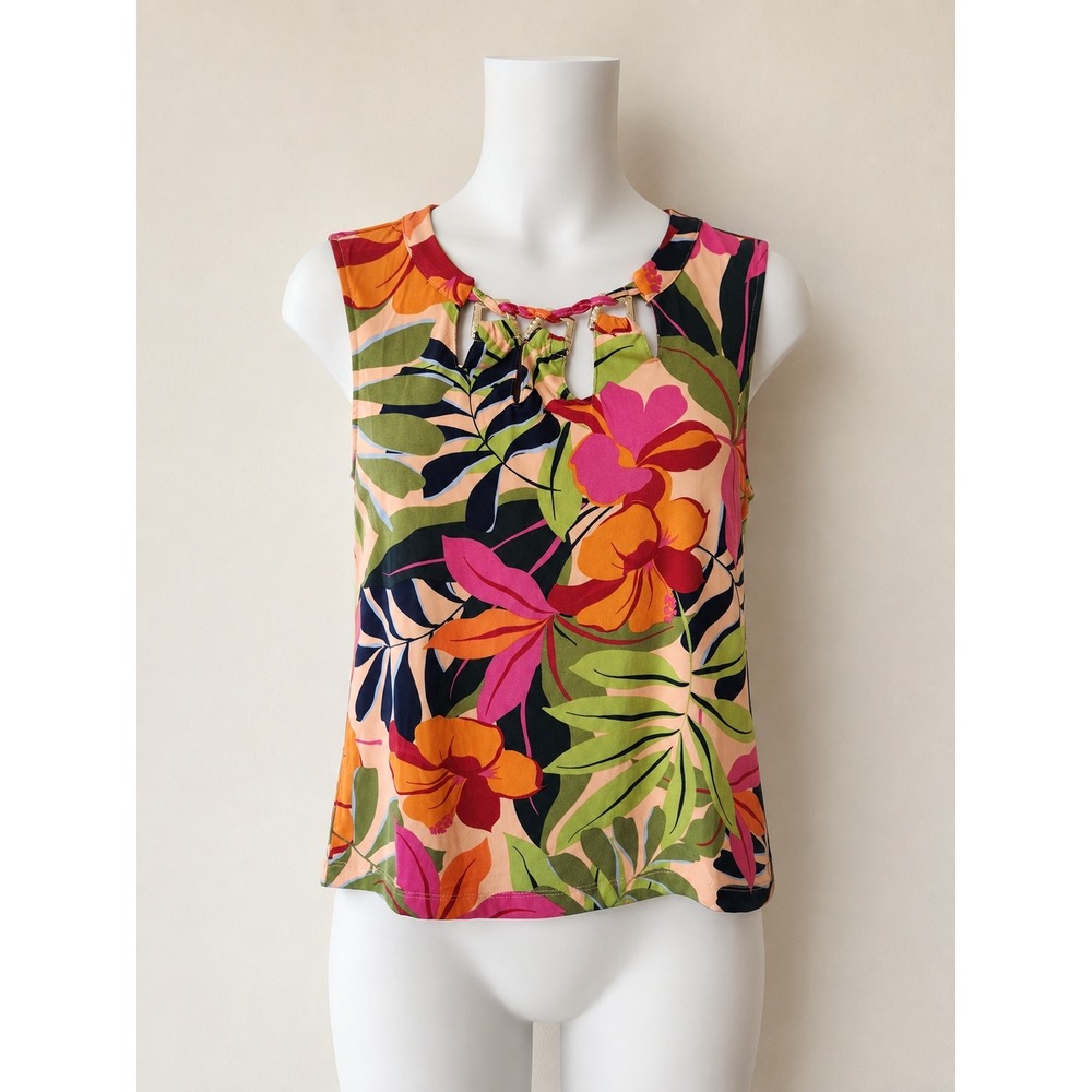 Zac & Rachel Top Size Medium Tropical Floral Sleeveless Gold Hardware Keyhole